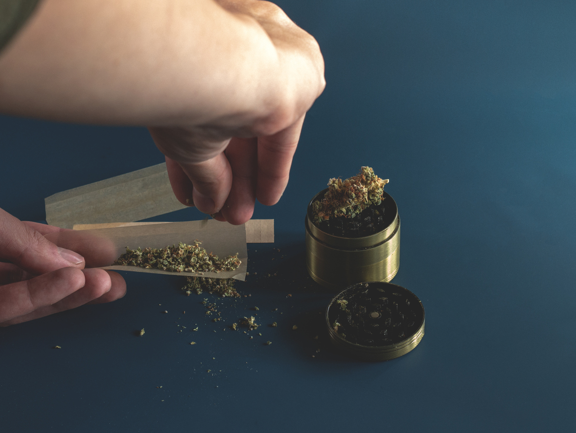 Close up man hands rolling a joint with herb grinder to grind cannabis buds on a blue background. Man rolling a marijuana weed blunt.